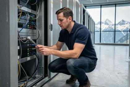 Technicien informatique gérant un rack de serveurs dans un datacenter en Haute-Savoie avec vue sur les montagnes