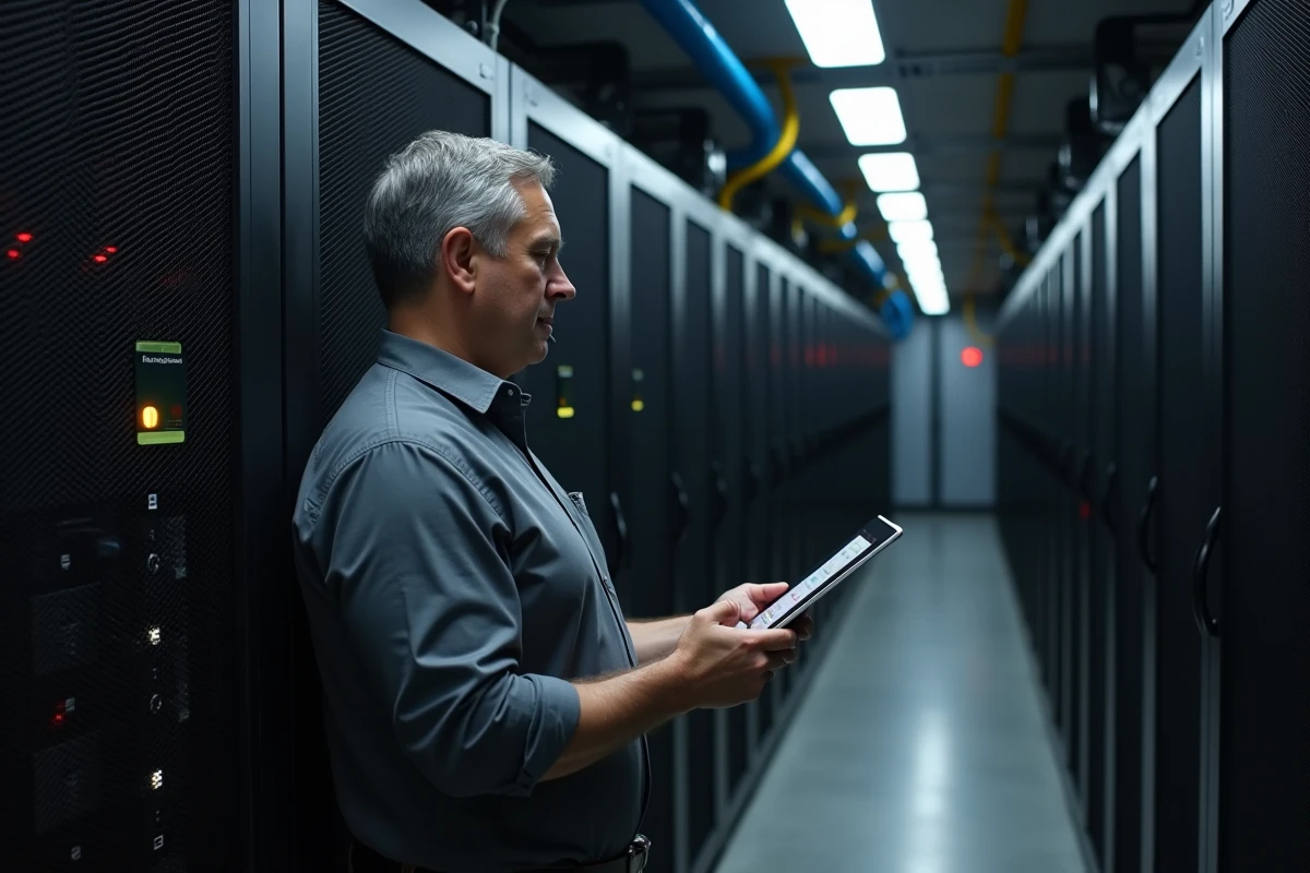 Technicien informatique configurant un serveur de messagerie sécurisé avec protocole PIX dans une salle de données