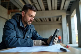 Technicien homme examinant un appareil Sony Rexon sur un chantier