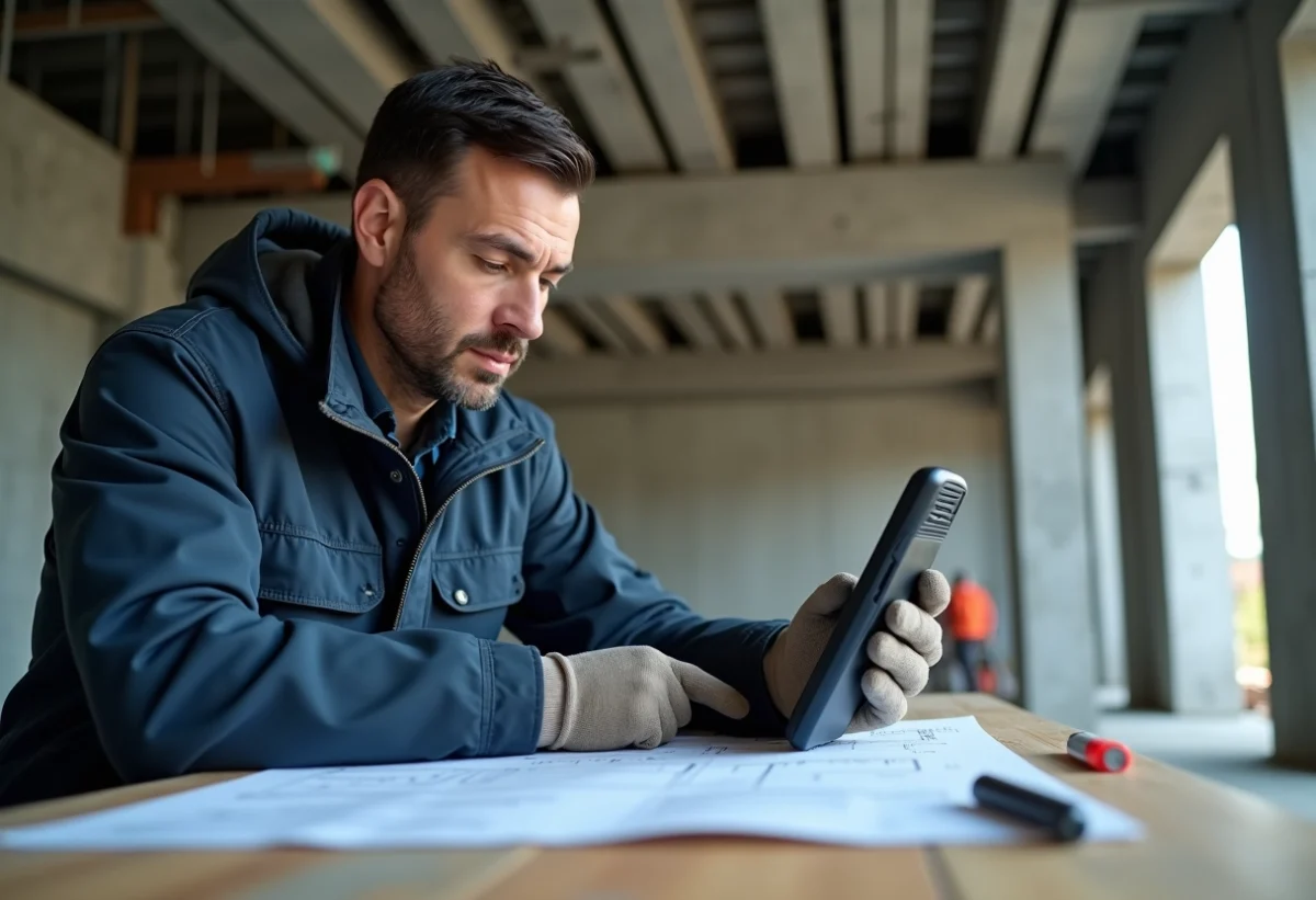 Technicien homme examinant un appareil Sony Rexon sur un chantier