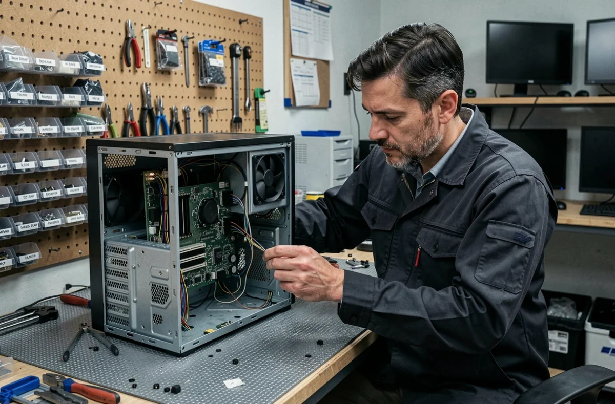 Technicien de Technofix remplaçant une carte mère sur un poste de travail dans un atelier de réparation informatique