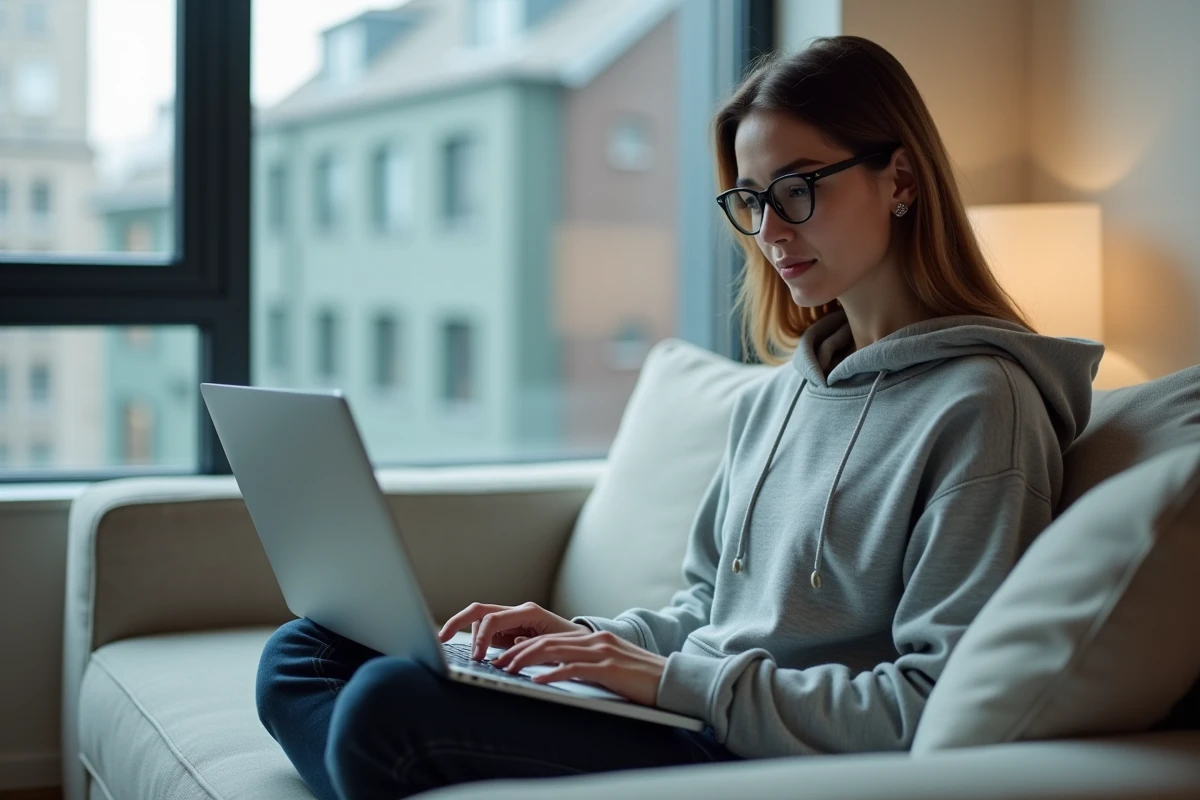 Jeune femme téléchargeant un fichier ISO de Windows 7 Professional SP1 sur son ordinateur portable dans un salon moderne