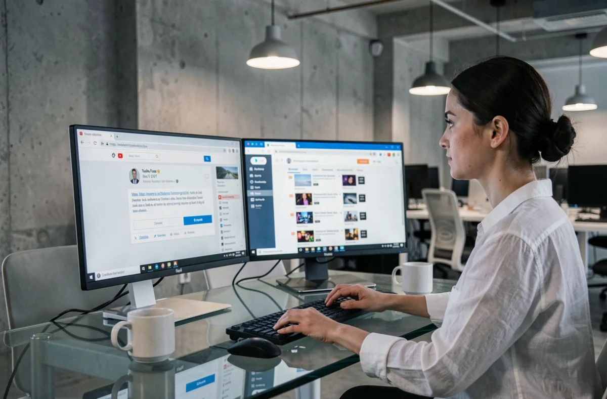 Femme travaillant sur deux écrans pour télécharger et convertir des vidéos YouTube en MP4 dans un espace de coworking minimaliste