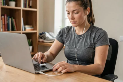 Femme sportive connectant un lecteur MP3 à un ordinateur portable pour télécharger de la musique avant une course