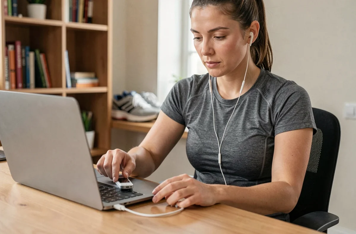 Femme sportive connectant un lecteur MP3 à un ordinateur portable pour télécharger de la musique avant une course