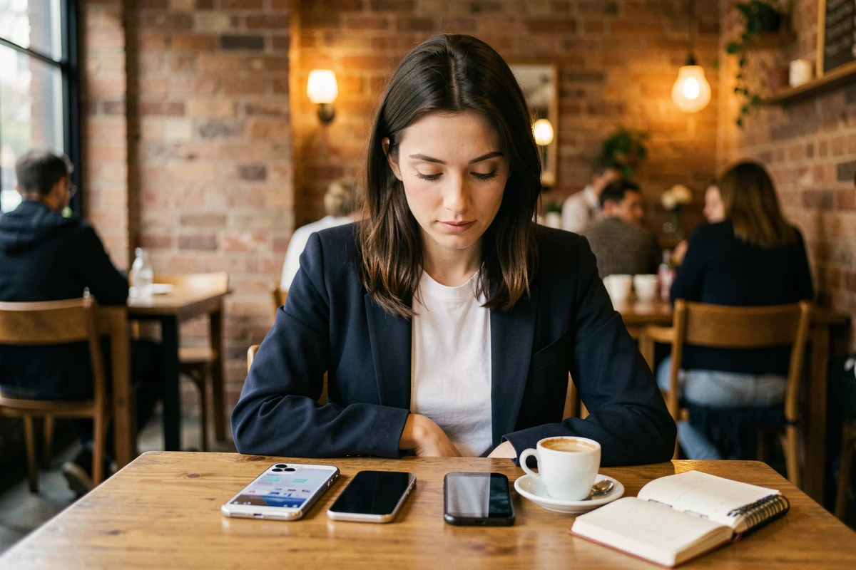 Femme évaluant deux smartphones iPhone et Android posés sur une table de café avec un carnet de notes