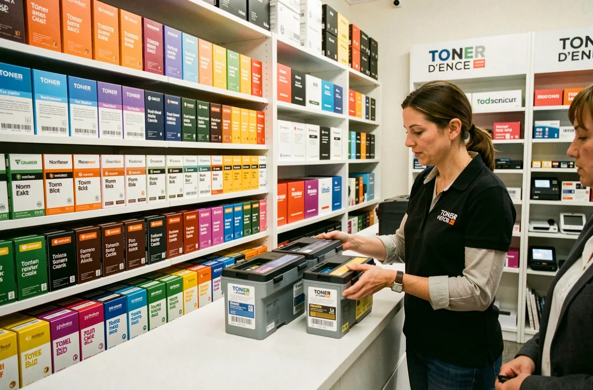 Employée de Toner d'Encre aidant un client à choisir une cartouche de toner dans la boutique spécialisée