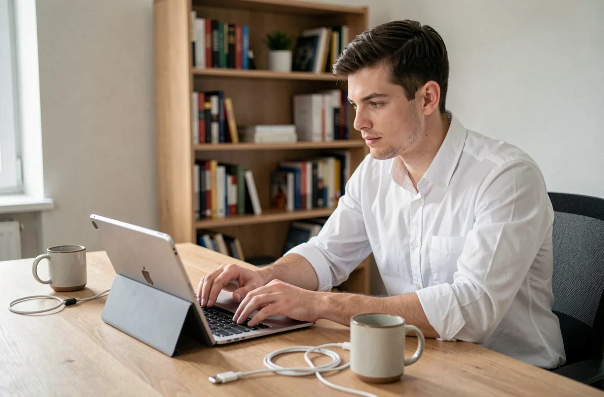 Homme transférant des fichiers entre un ordinateur portable et une tablette iOS dans un bureau à domicile