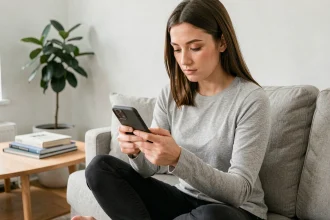 Femme utilisant une application de partage de fichiers sur smartphone Android dans un appartement moderne