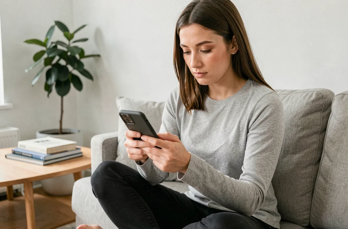 Femme utilisant une application de partage de fichiers sur smartphone Android dans un appartement moderne