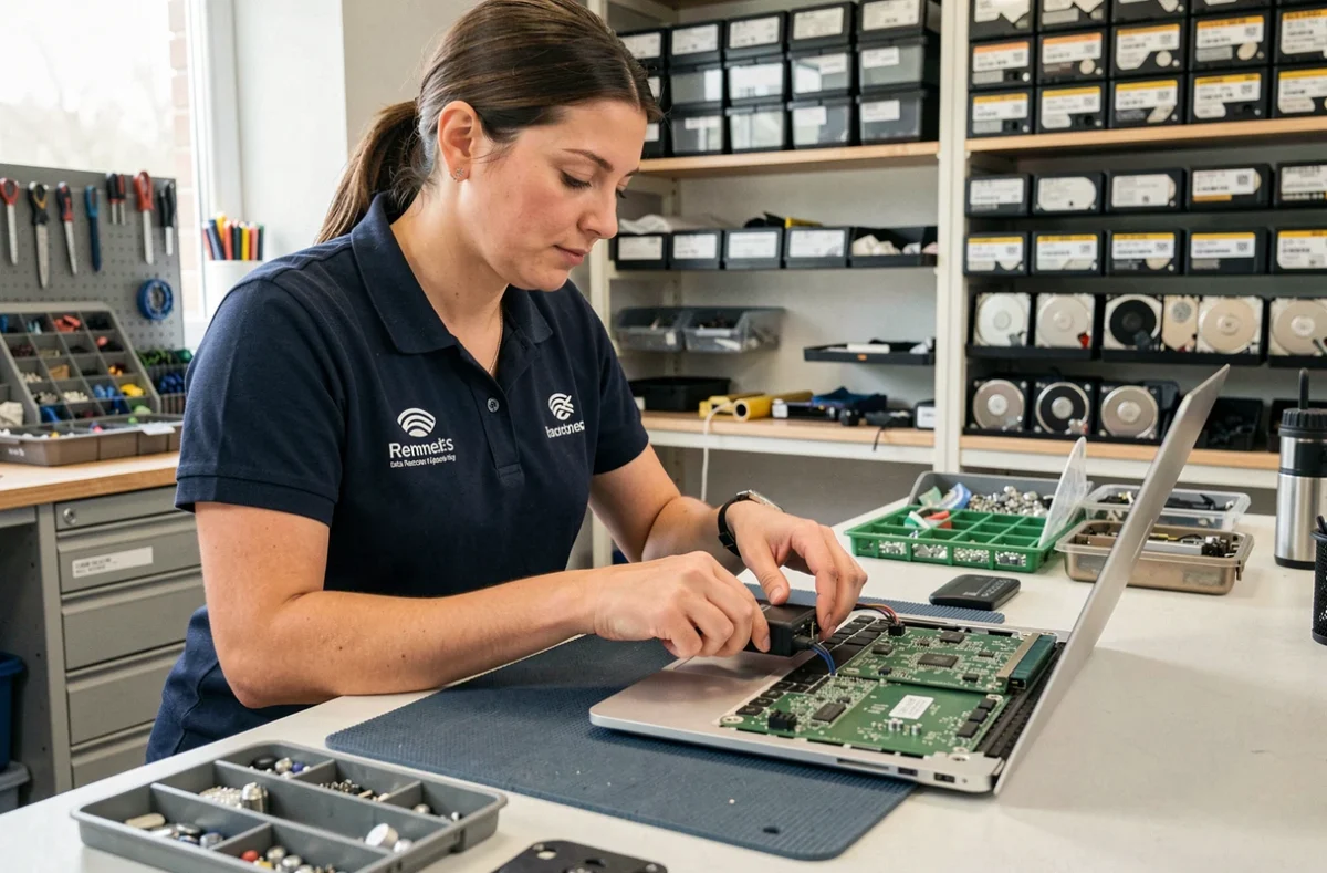 Technicienne de VERY GOOD SERVICES réalisant une récupération de données sur un ordinateur portable démonté à Rennes