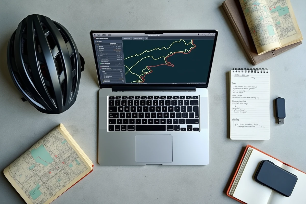 Vue aérienne d'un ordinateur portable avec un logiciel de fusion GPX entouré d'accessoires de cyclisme et de randonnée