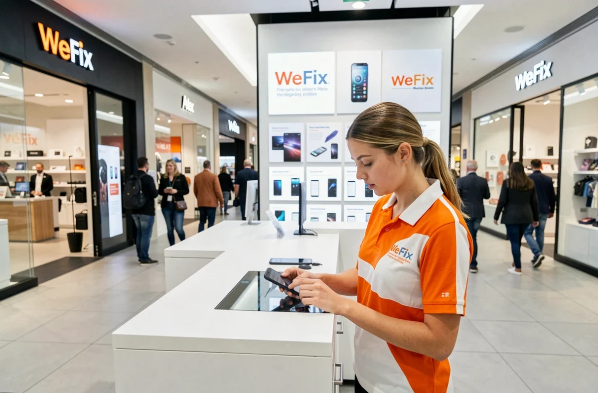 Technicienne WeFix réparant un smartphone dans un kiosque moderne à La Roche-sur-Yon
