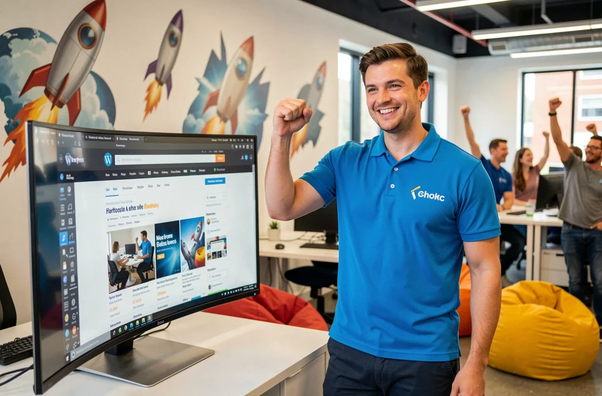 Entrepreneur de WeRocket célébrant le lancement d'un site WordPress e-commerce dans un bureau dynamique